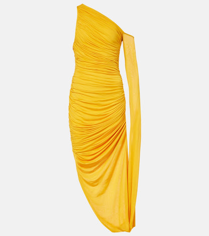 One-shoulder pleated knit maxi dress