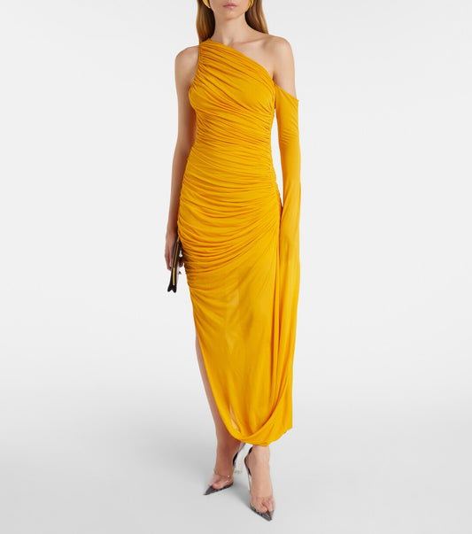 One-shoulder pleated knit maxi dress