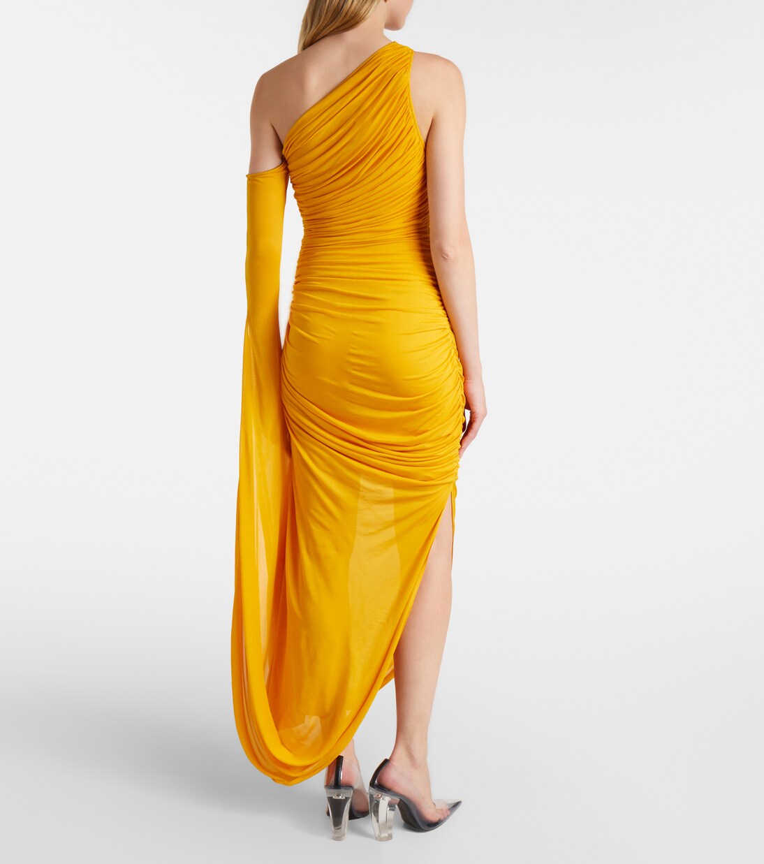 One-shoulder pleated knit maxi dress