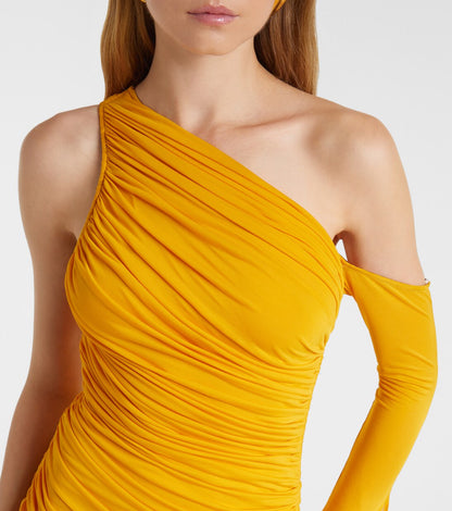 One-shoulder pleated knit maxi dress