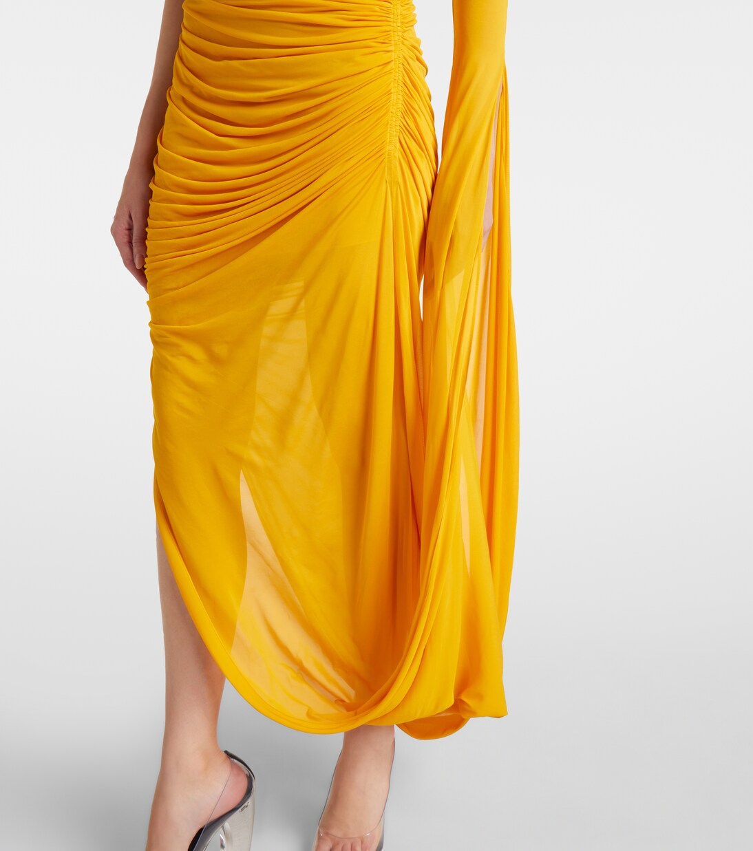 One-shoulder pleated knit maxi dress