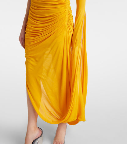 One-shoulder pleated knit maxi dress
