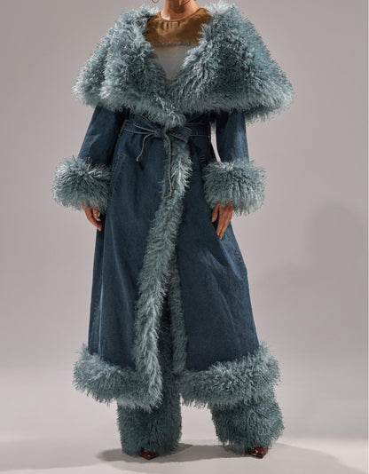 Frayed denim trench coat