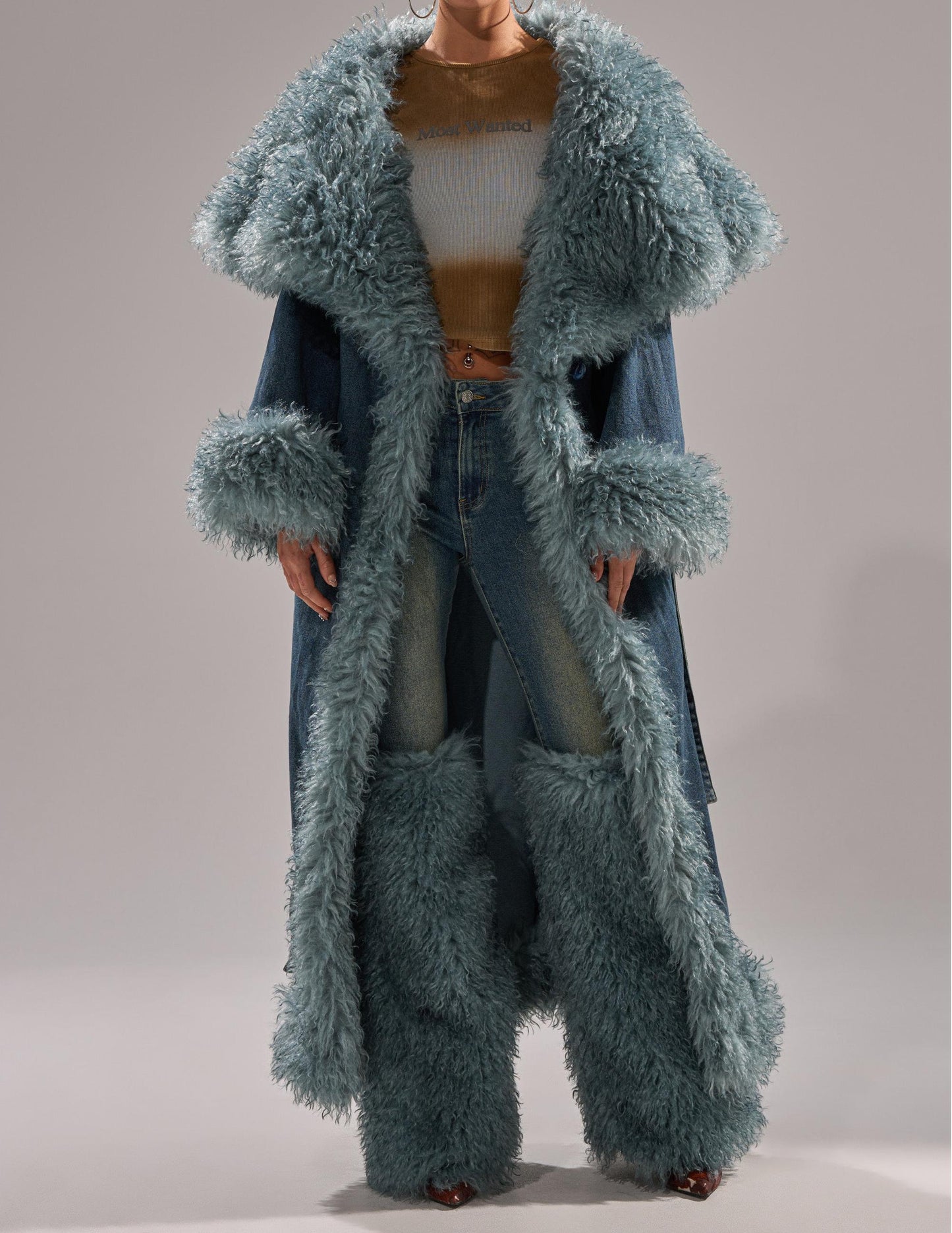 Frayed denim trench coat