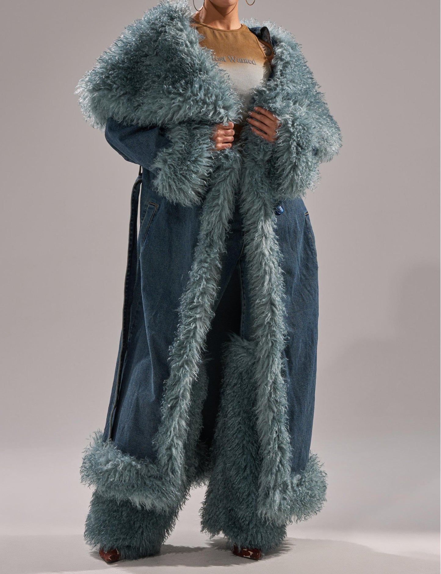 Frayed denim trench coat