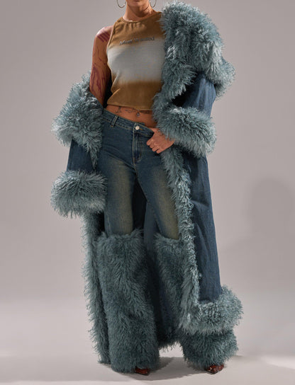 Frayed denim trench coat