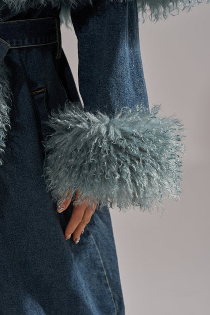 Frayed denim trench coat