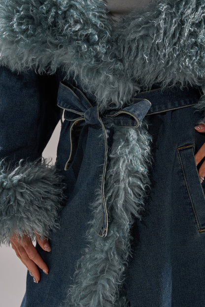 Frayed denim trench coat