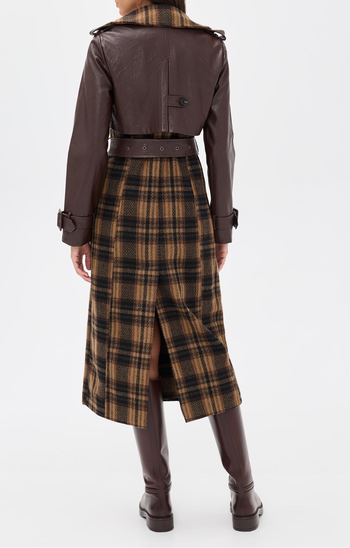 Plaid leather combination long coat