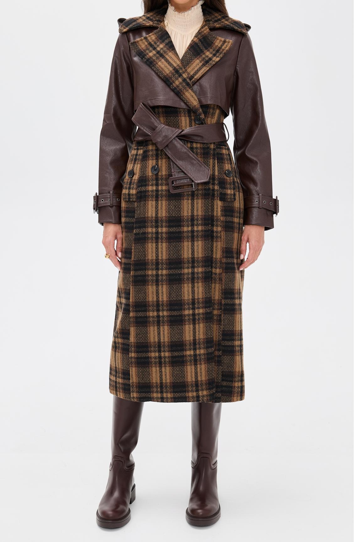 Plaid leather combination long coat