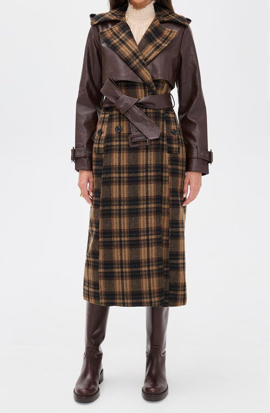 Plaid leather combination long coat