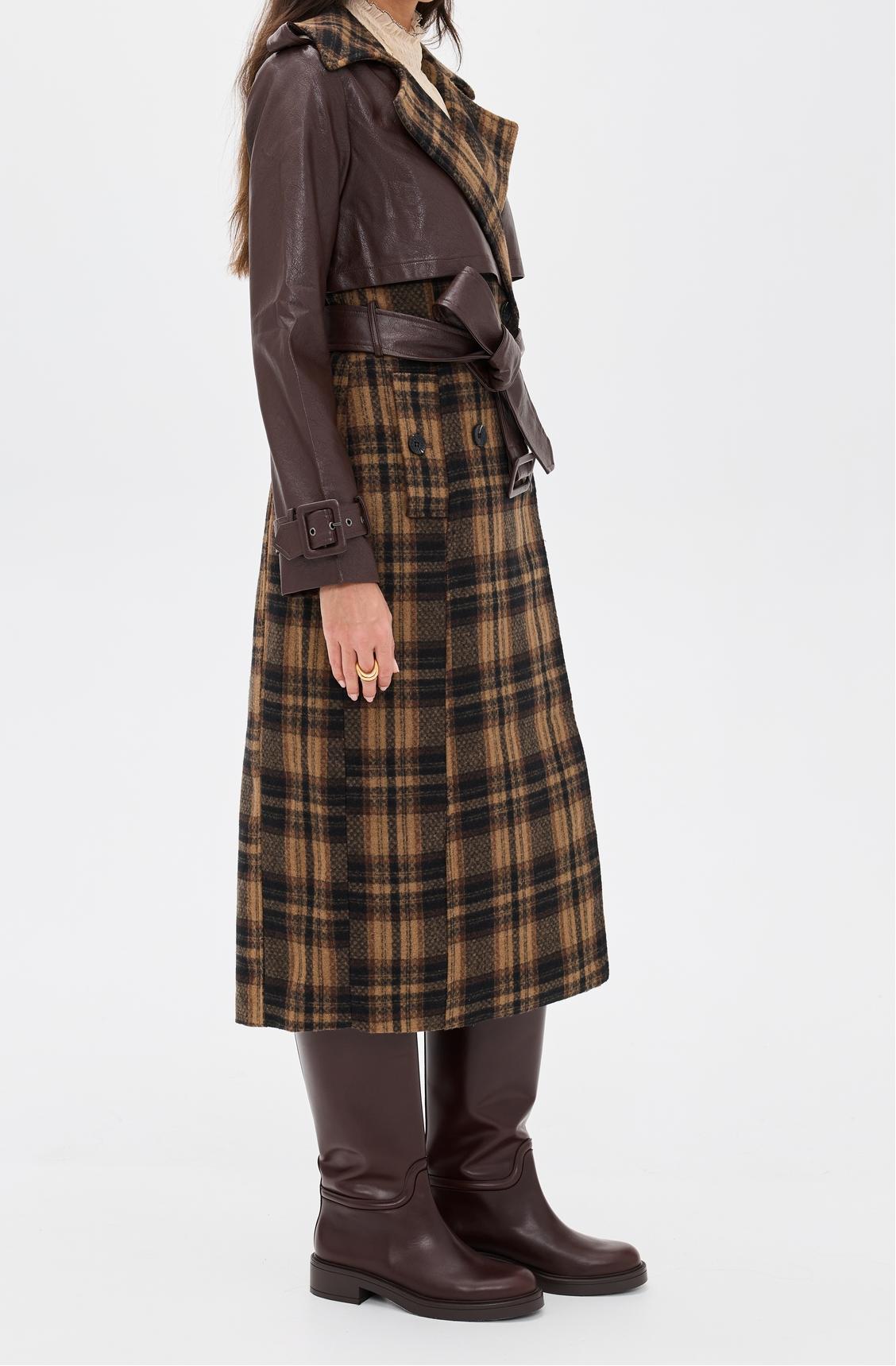 Plaid leather combination long coat