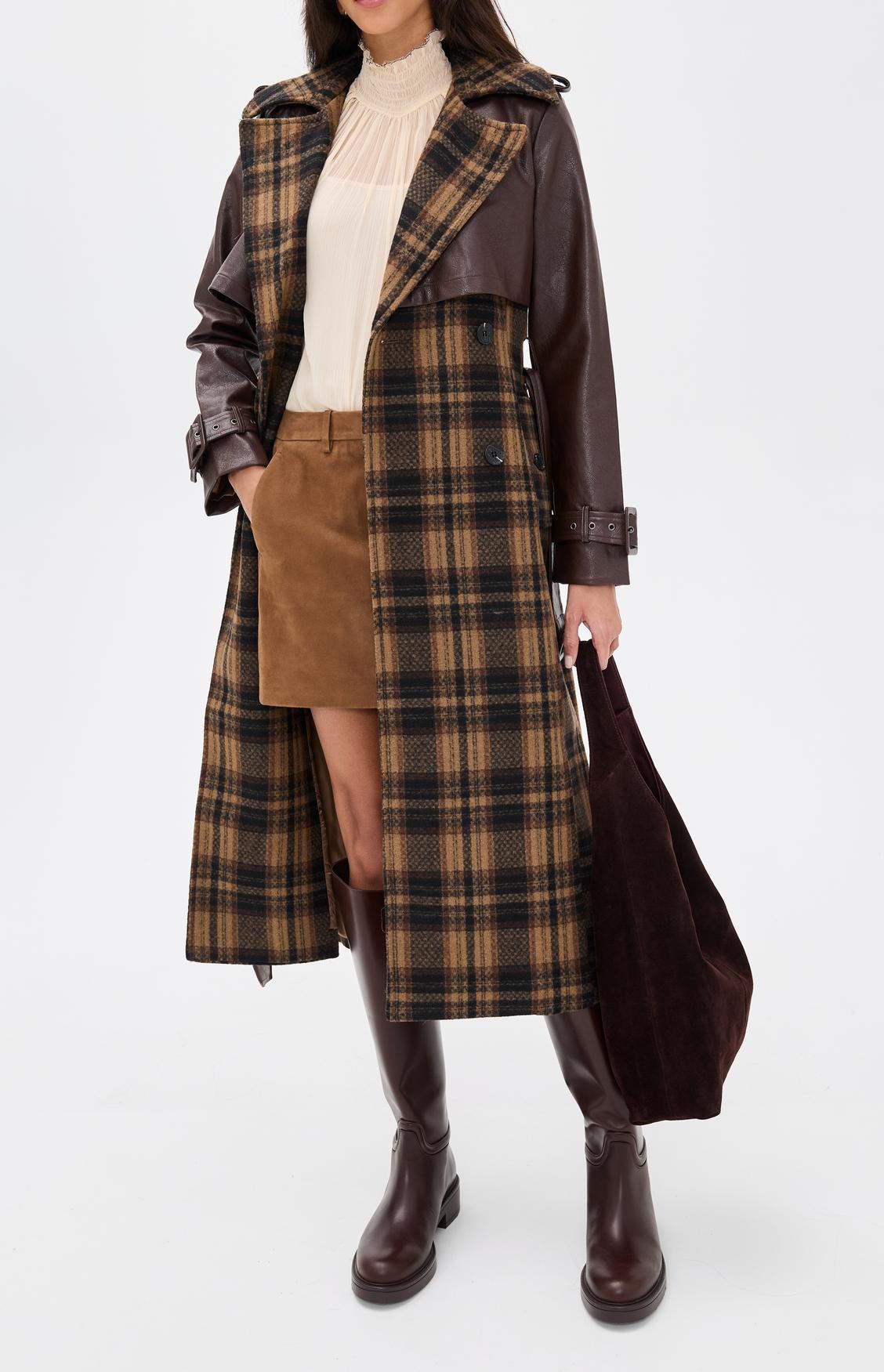 Plaid leather combination long coat
