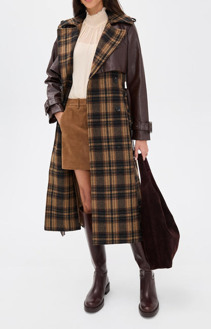 Plaid leather combination long coat