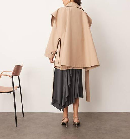 Double-breasted short trench coat with cape details