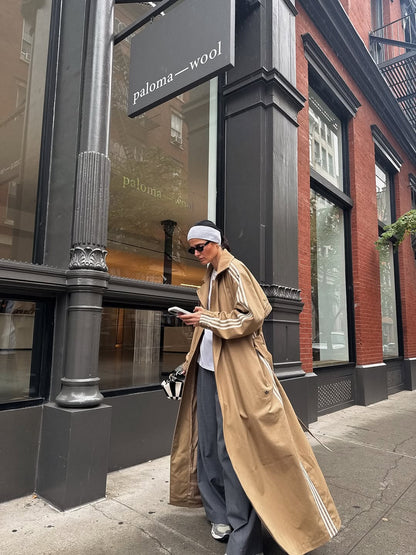 Beige long classic three-stripe trench coat