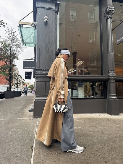 Beige long classic three-stripe trench coat