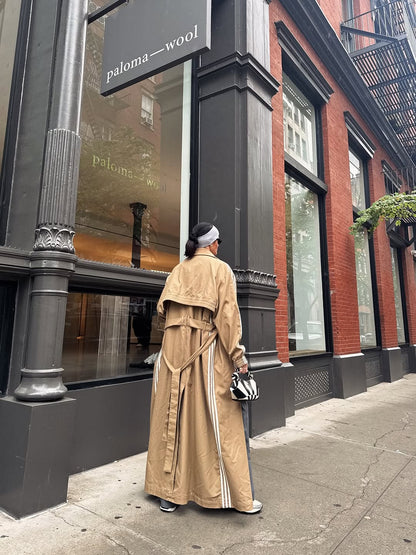 Beige long classic three-stripe trench coat