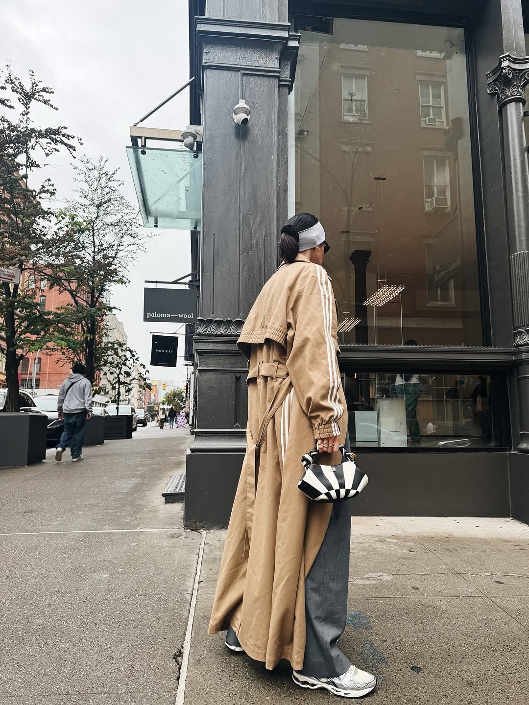 Beige long classic three-stripe trench coat