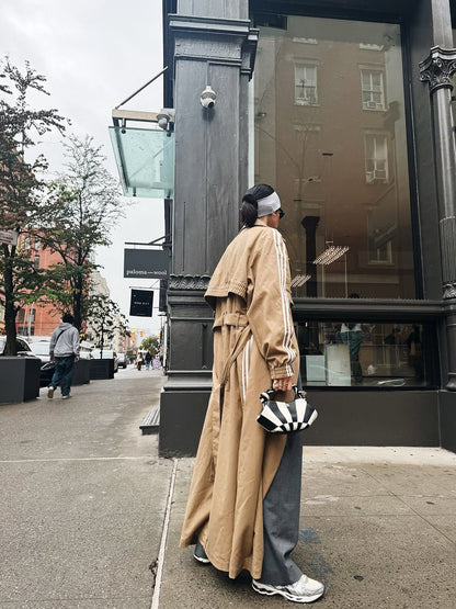 Beige long classic three-stripe trench coat