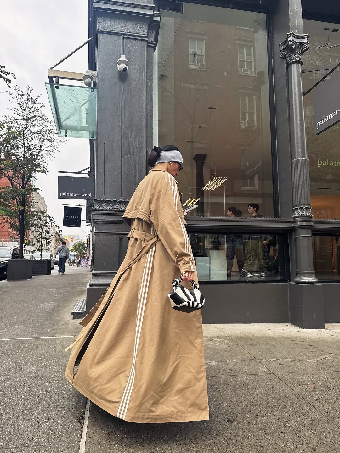 Beige long classic three-stripe trench coat