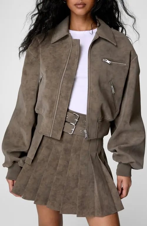 Oversized faux suede bomber jacket and pleated skirt set