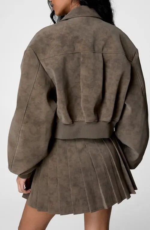 Oversized faux suede bomber jacket and pleated skirt set