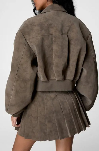 Oversized faux suede bomber jacket and pleated skirt set