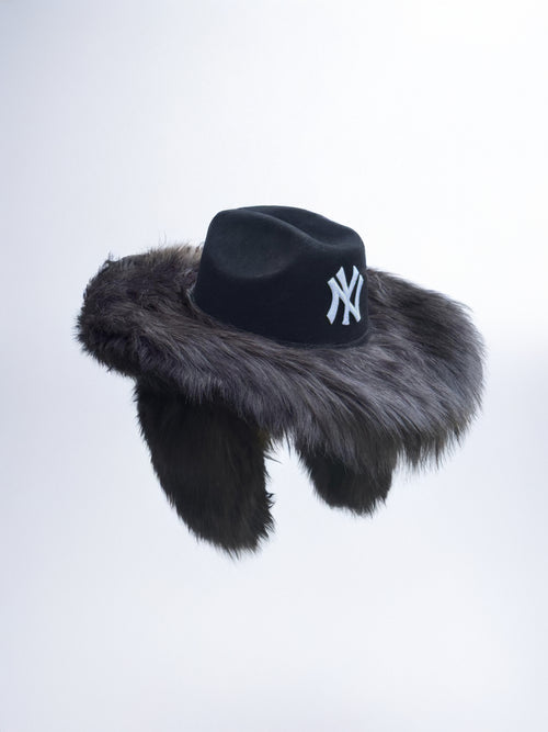 Fur-trimmed denim hat