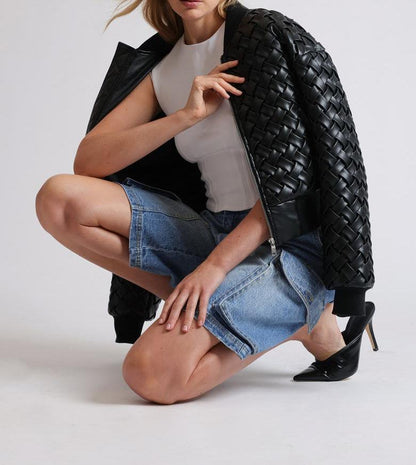 Weave Crop Faux Leather Bomber Jacket