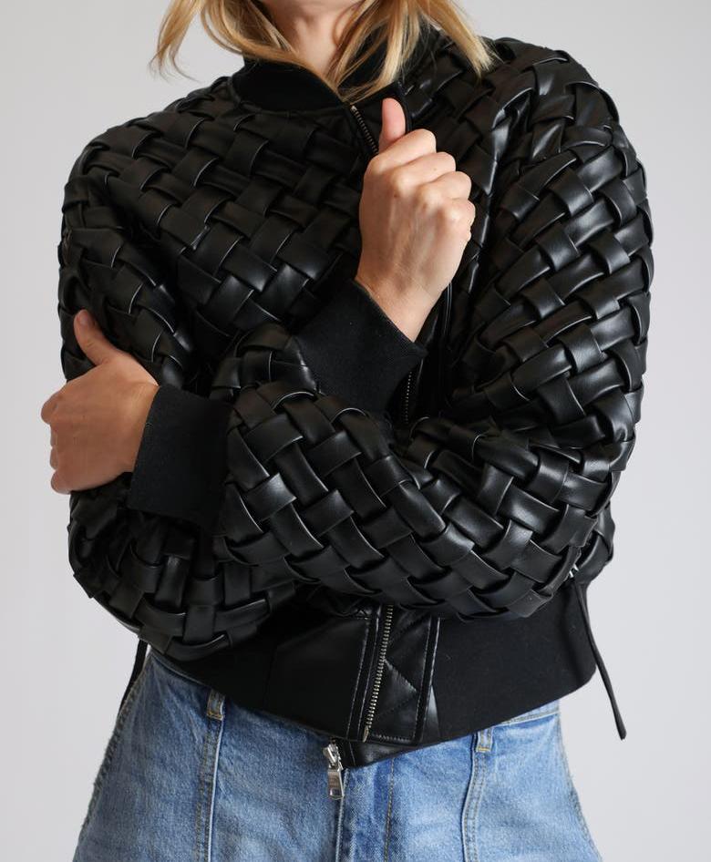Weave Crop Faux Leather Bomber Jacket