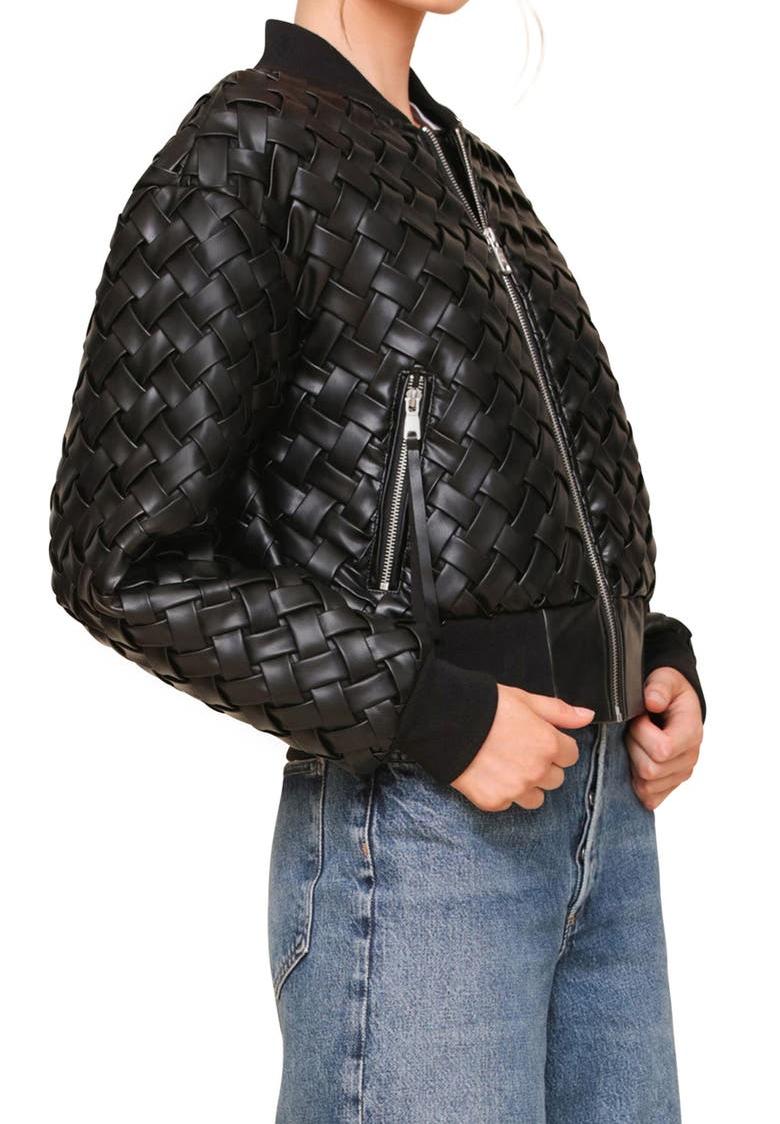 Weave Crop Faux Leather Bomber Jacket