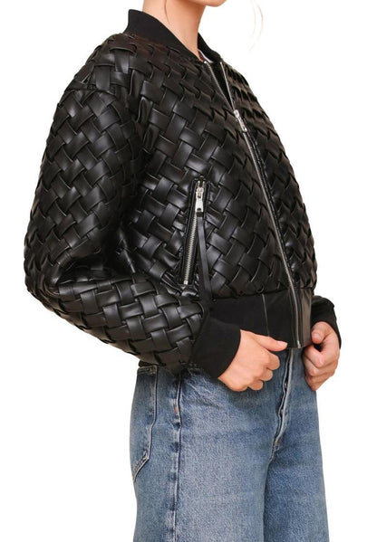 Weave Crop Faux Leather Bomber Jacket