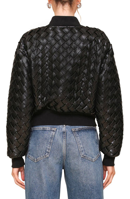 Weave Crop Faux Leather Bomber Jacket