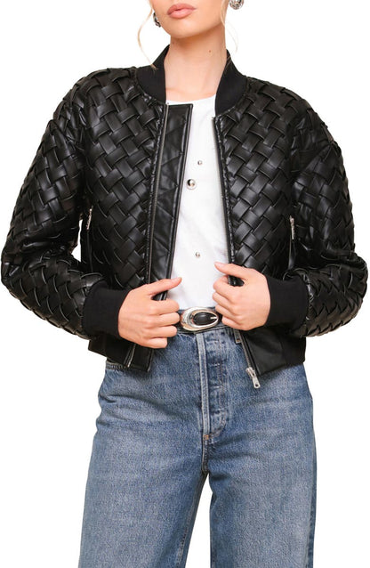 Weave Crop Faux Leather Bomber Jacket