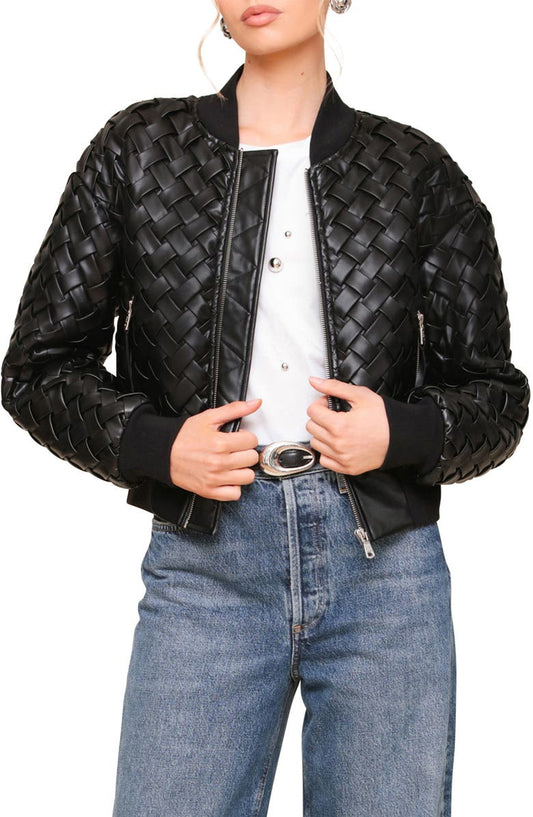 Weave Crop Faux Leather Bomber Jacket
