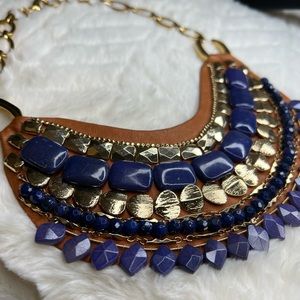 Leather blue gemstone and gold necklace