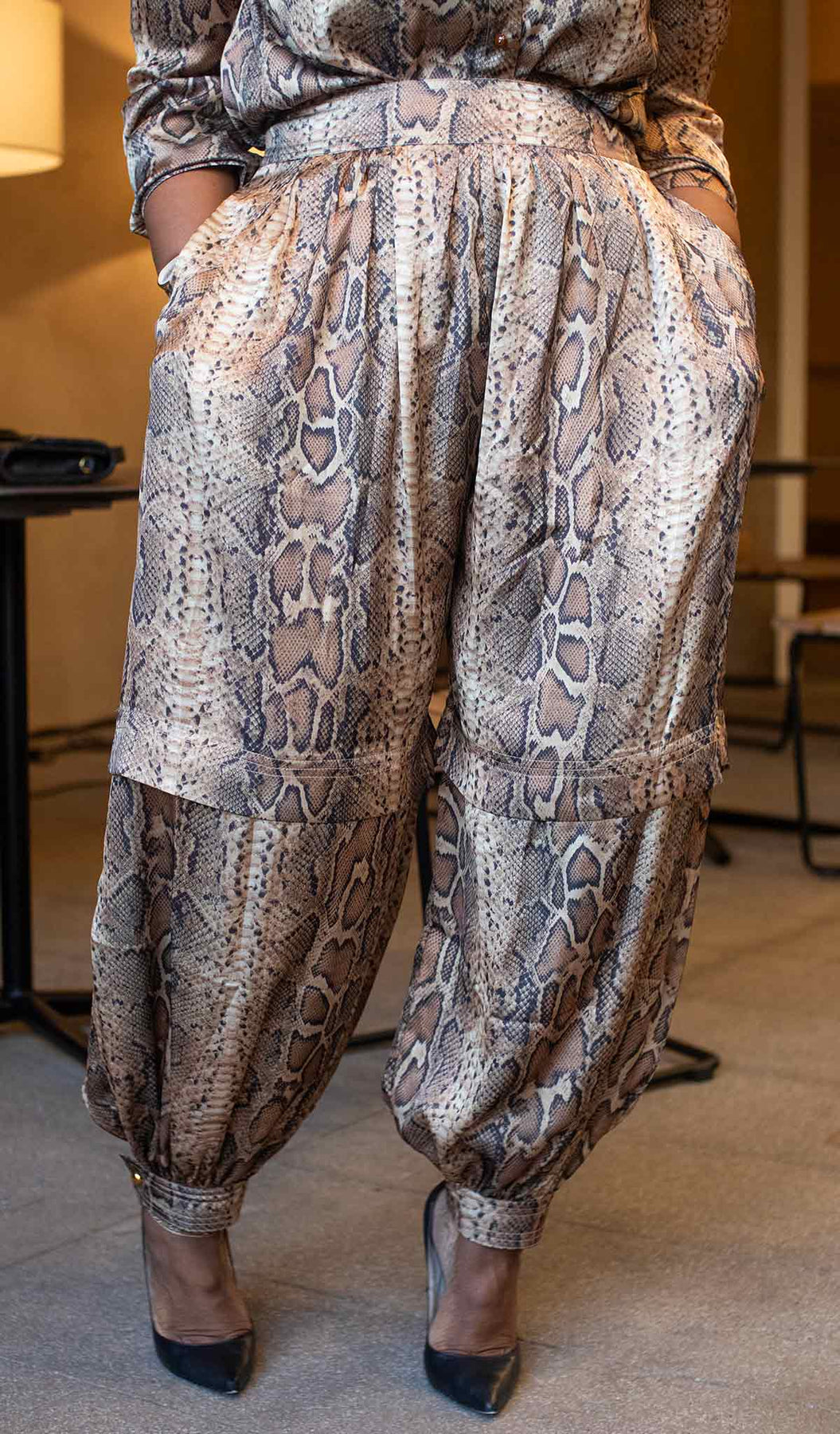 Snake print satin trouser suit