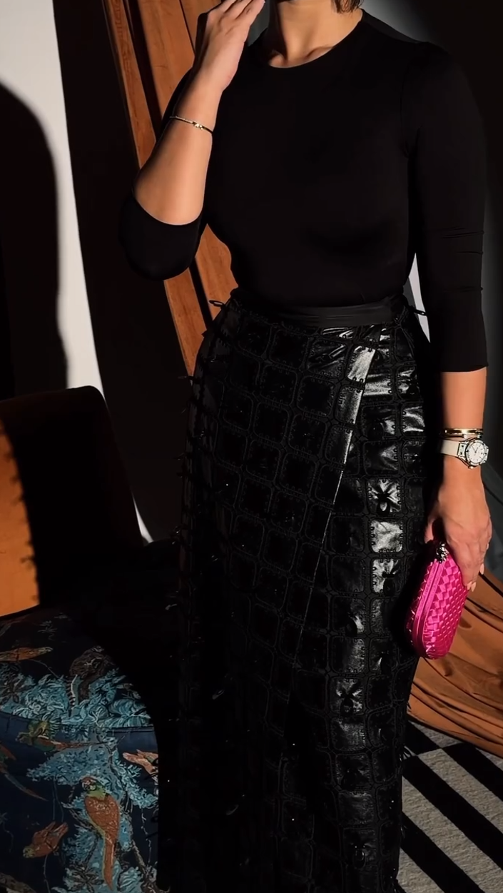 Leather beaded midi skirt