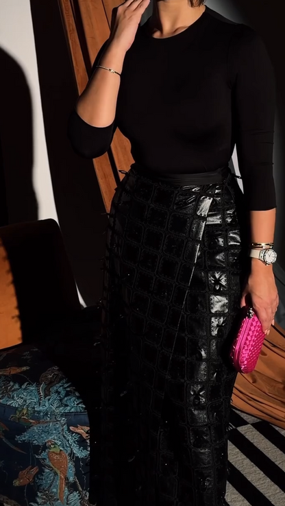 Leather beaded midi skirt