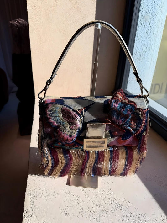 Embroidered butterfly tassel handbag