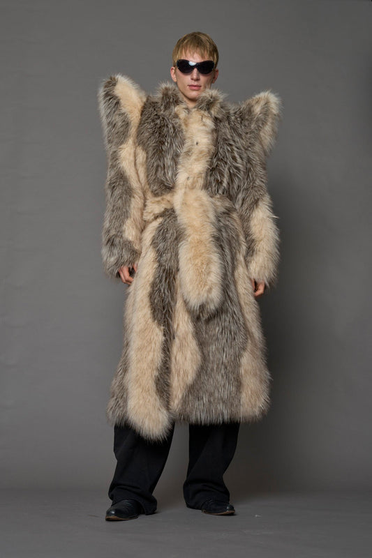 Exaggerated faux fur coat with exaggerated shoulders