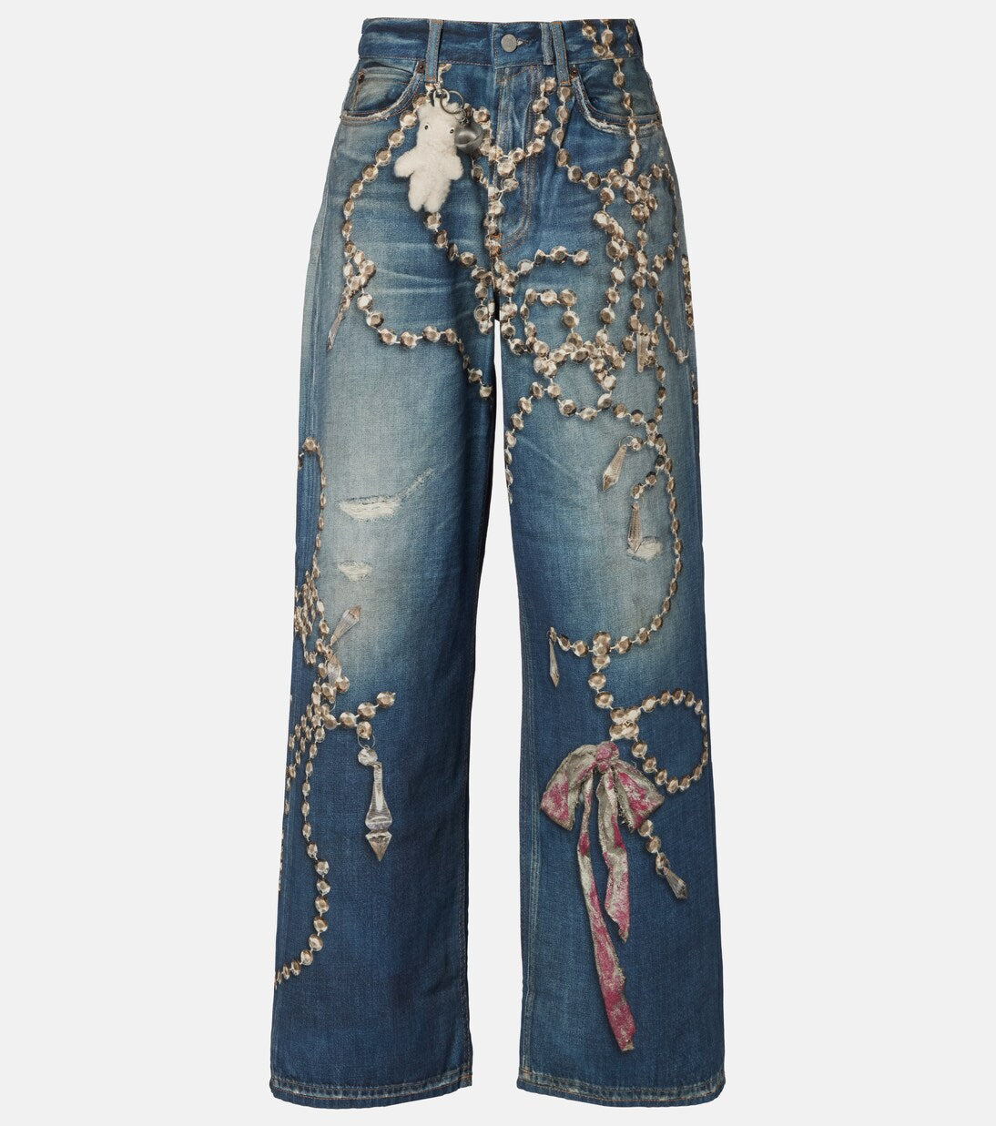 Denim jeans with an illusion print of crystals and bows