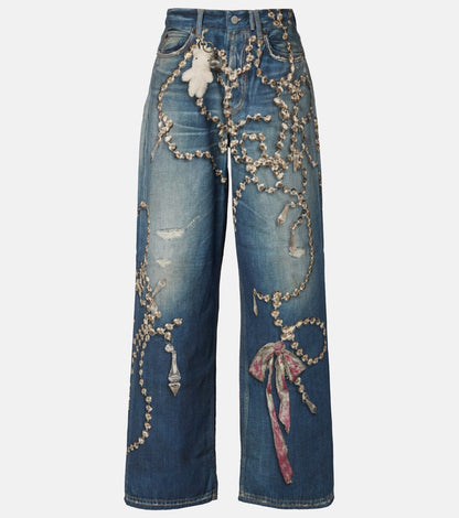 Denim jeans with an illusion print of crystals and bows