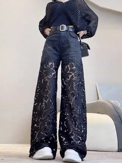 Hollow-out lace patchwork wide-leg jeans