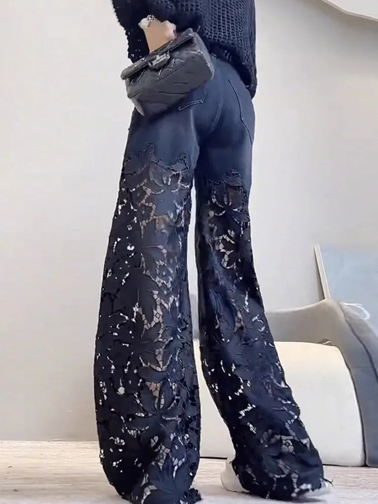 Hollow-out lace patchwork wide-leg jeans