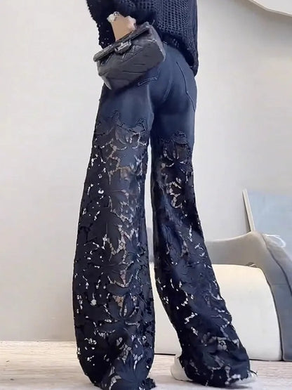 Hollow-out lace patchwork wide-leg jeans