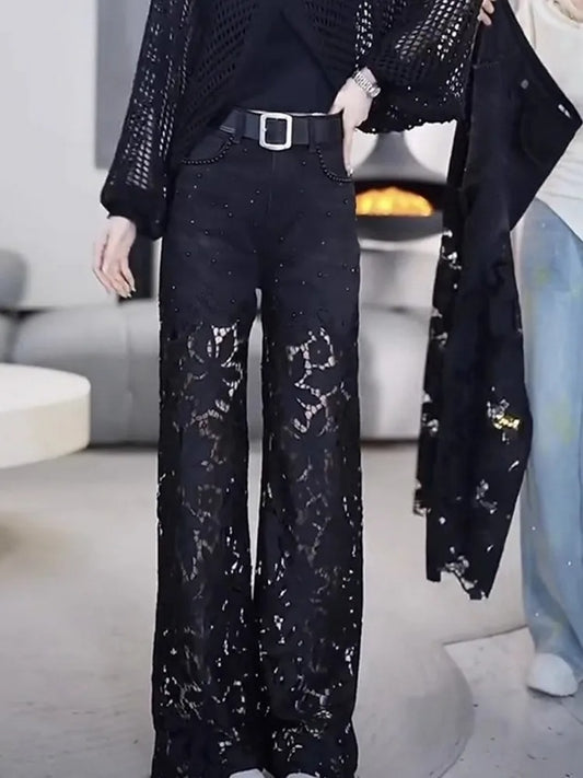 Hollow-out lace patchwork wide-leg jeans