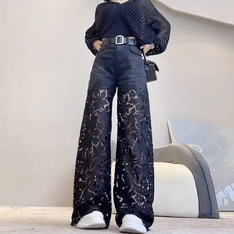 Hollow-out lace patchwork wide-leg jeans