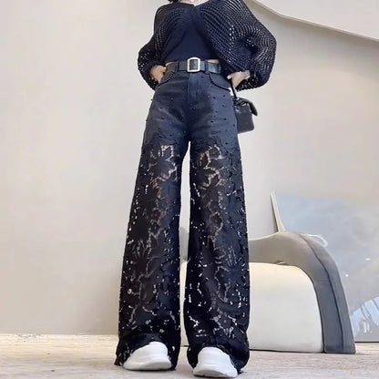 Hollow-out lace patchwork wide-leg jeans